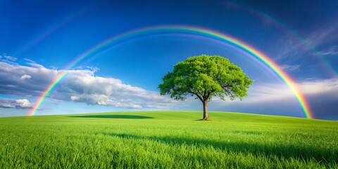 A solitary tree stands in a grassy field, its branches reaching towards a double rainbow that arches across a vibrant blue sky.