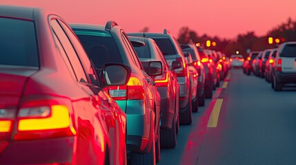 Fototapeta premium A line of cars is stuck in traffic at sunset, illuminated by red and orange hues, showcasing a common driving frustration.