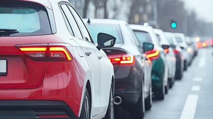 A line of cars waits at a traffic light on a rainy day, showcasing the challenges of urban transportation.