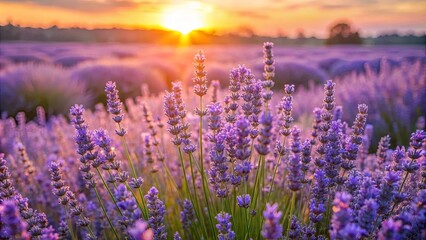 Fototapeta premium A field of lavender blooms bathed in the warm glow of a setting sun, the delicate petals catching the light and casting a soft, purple hue over the landscape.