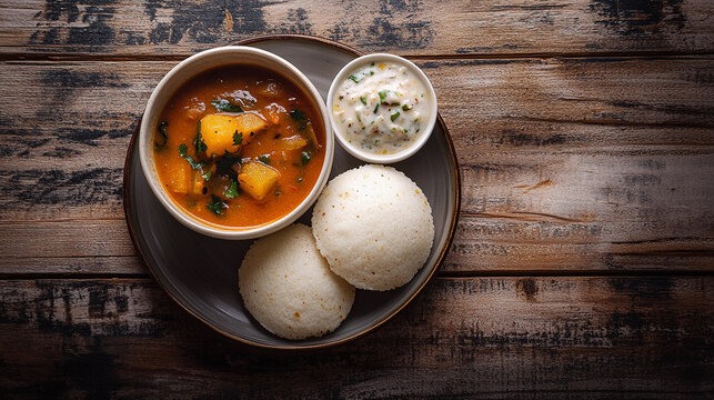 Top view of idli sambar with coconut chutney in plate