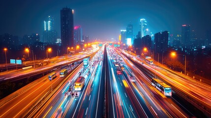 Fototapeta premium A vibrant cityscape at night, showcasing illuminated roads and skyscrapers with flowing vehicle lights creating a dynamic urban atmosphere.