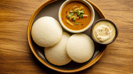 Top view of idli sambar with coconut chutney on the plate