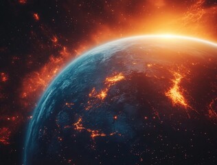 Obraz premium A fiery sunrise over Earth, seen from space, with glowing city lights.