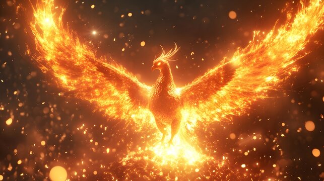 A majestic phoenix rising from the ashes glowing with bright flames