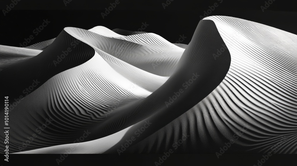Poster Abstract black and white sand dunes with textured patterns, artistic landscape. Minimalist nature and design concept