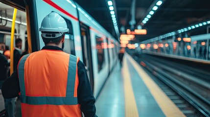 Fototapeta premium Workers stepping off a metro train in a bustling urban station, clean lines, morning commute