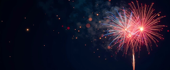 Fototapeta premium Vibrant fireworks illuminate the dark blue night sky, creating a stunning visual spectacle of colors and shapes, generative ai