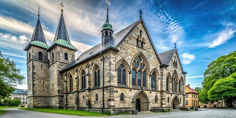 Fototapeta premium Norway, windows,Stavanger Domkirke, aerial perspective, Exterior view of Stavanger Domkirke a magnificent medieval cathedral with stunning architectural details and towering spires