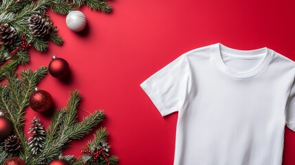 A festive flat lay featuring a white T-shirt adorned with Christmas decorations and pine branches set against a vibrant red background