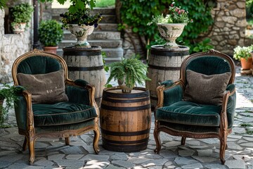 Naklejka premium Pair of vintage chairs with green cushions and wooden barrels on stone floor, outdoor wedding decor in French vintage style.