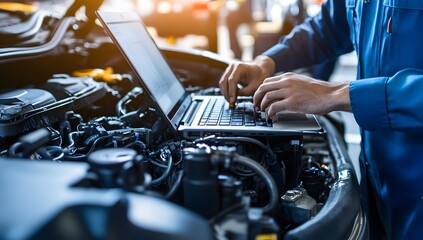 A mechanic in a blue uniform uses a laptop to diagnose a car engine problem.