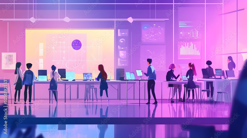 Poster a group of people working in a modern office setting with computers and a large display showing diag