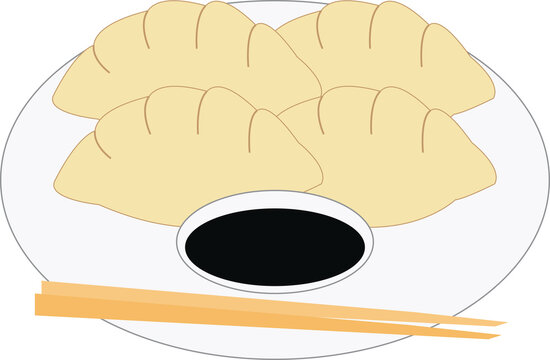 dumplings on plate with soy sauce and chopsticks clip art preview