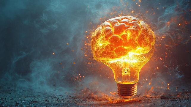 A fiery brain ignites within a lightbulb, symbolizing the explosive power of ideas, creativity, and innovation in the realm of human intelligence.