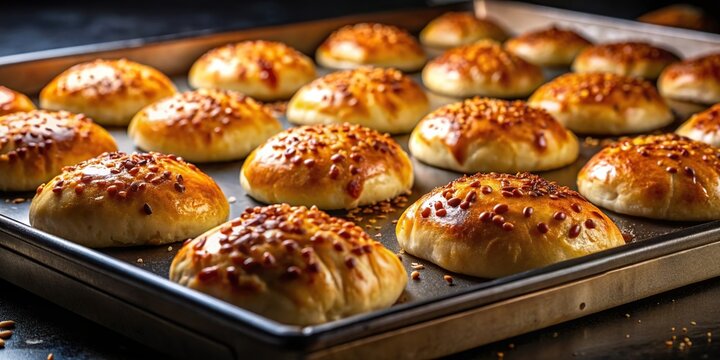 A close up shot of a delicious Turkish pastry pogaca with a cheesy filling displayed on an oven tray against a dark silhouette background, cuisine, homemade, Turkish cuisine, delicious