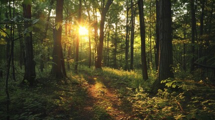 Obraz premium Enchanting Sunlit Pathway Through Lush Green Forest Landscape