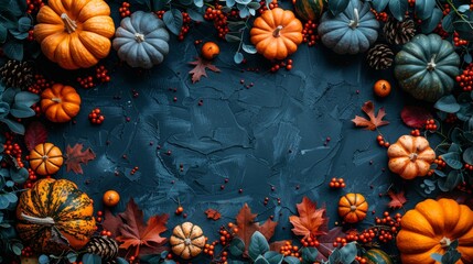 Fototapeta premium Autumnal Flat Lay Composition. Various Pumpkins and Colorful Foliage on Dark Textured Background.