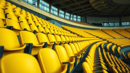Fototapeta premium A bright yellow row of chairs, evenly spaced and tiered, stretches across a vacant stadium, some closer to