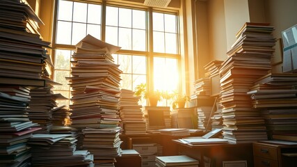Obraz premium A cluttered workspace with a towering stack of papers, binders, and files bathed in warm natural light spilling