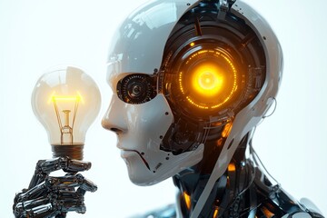 Front view of an AI robot holding a light bulb in its hand.
