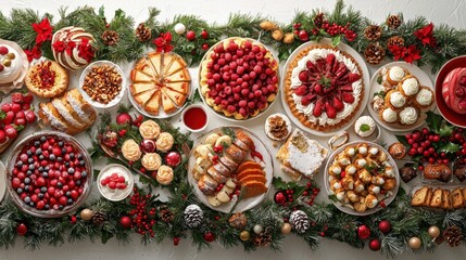 Festive holiday dessert spread with berries and treats