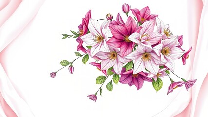 Fototapeta premium A delicate, hand-drawn bouquet of clematis flowers in shades of pink, purple, and white, set against a crisp
