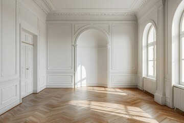 Minimalist living room with arched entrance, parquet flooring, large white wall, Scandinavian design, natural light, soft pastel colors.