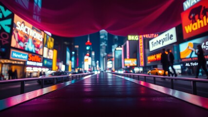 Obraz premium A dimly lit, sleekly polished catwalk stretches across the foreground, backed by a vibrant cityscape, amidst a swirling