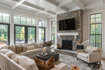 Large Living Room with High White Coffered Ceiling, Stone Fireplace, TV Above Sofa, Comfortable Seating for Six, Natural Wood Floors, Cozy Warm Atmosphere