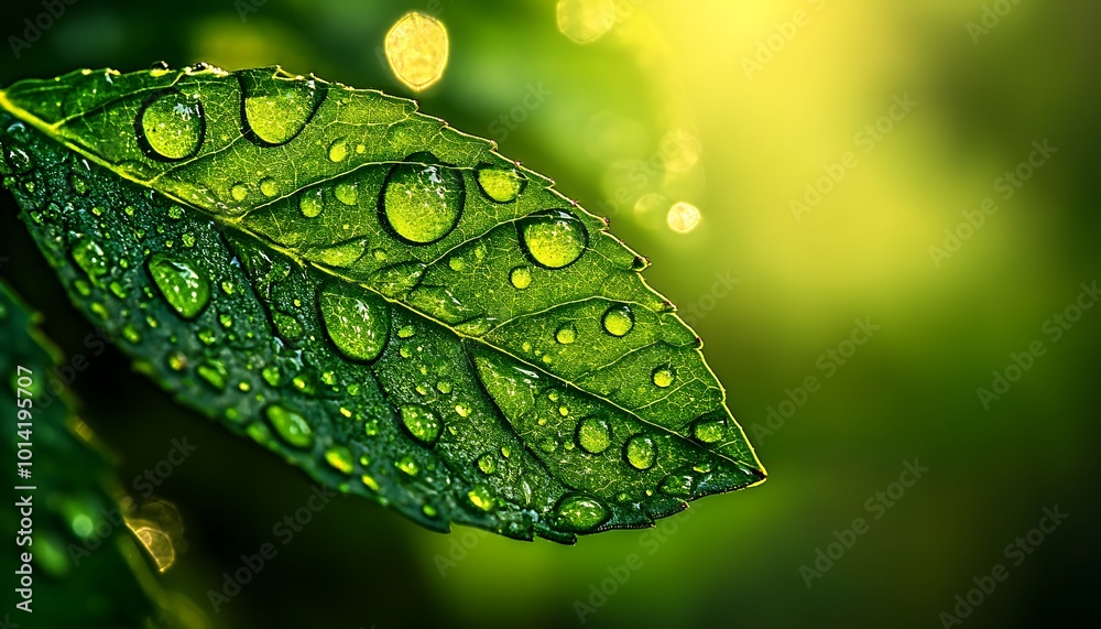 Poster A close-up of a green leaf covered in water droplets, illuminated by soft light, creating a refreshing and natural atmosphere.