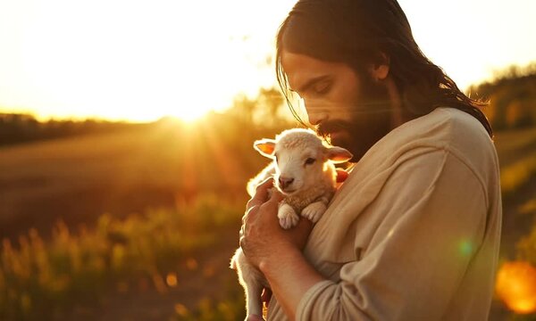 Jesus Christ holding a little lamb of Easter holiday concept on sunset