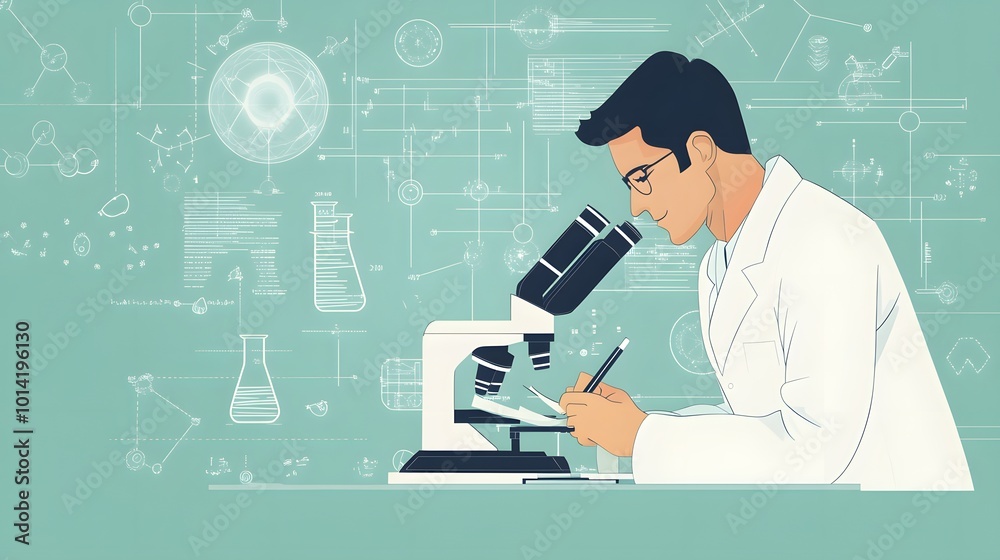 Poster scientist using a microscope and taking notes in a laboratory setting
