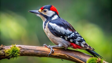 Obraz premium ailed description A close up of a vibrant large spotted woodpecker perched on a tree branch captured from a bird s eye view revealing its distinct black and white plumage red crown and powerful beak