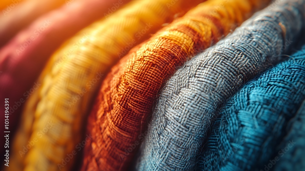 Aufkleber a close-up of vibrant, textured fabric rolls in warm colors, showcasing intricate weaving patterns a