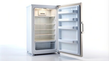 Fototapeta premium appliance, tourism, cleanliness, travel, hospitality, compact, vacation, A medium shot of a small empty white hotel fridge with the door open isolated on a white background