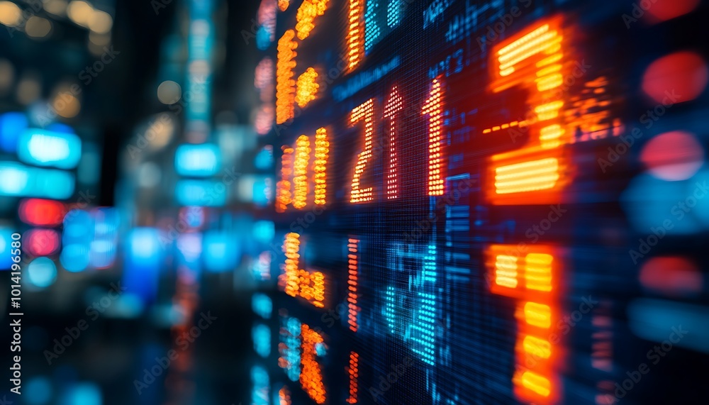 Poster A vibrant display of stock market numbers in bright colors, illustrating real-time financial data and trading activity.