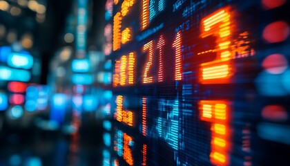 A vibrant display of stock market numbers in bright colors, illustrating real-time financial data and trading activity.