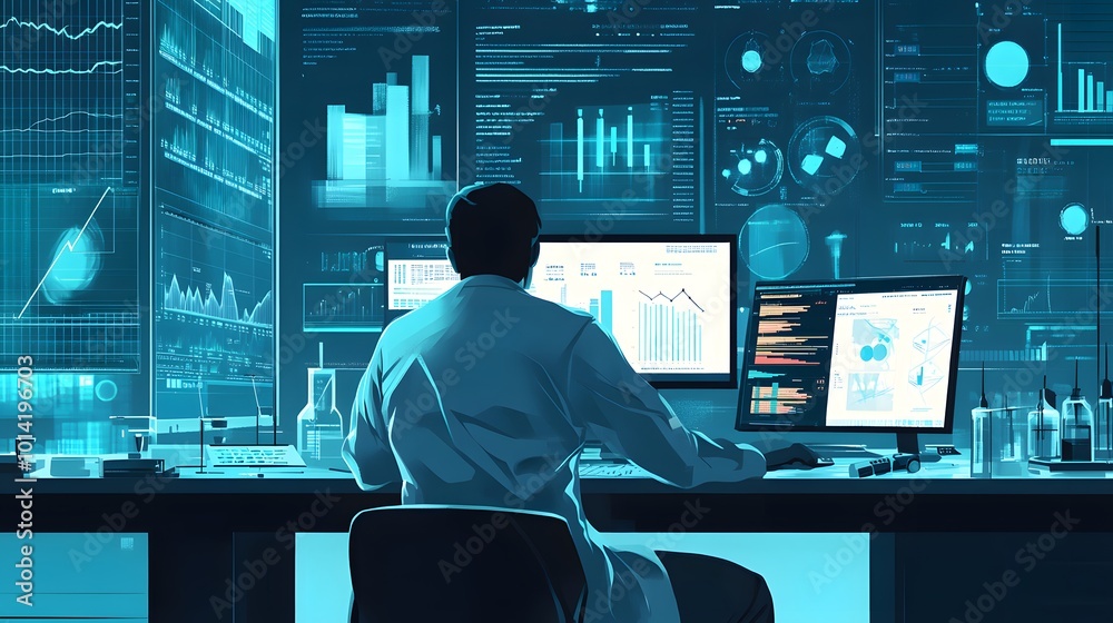 Poster a scientist analyzing data on multiple computer screens in a blue-lit laboratory