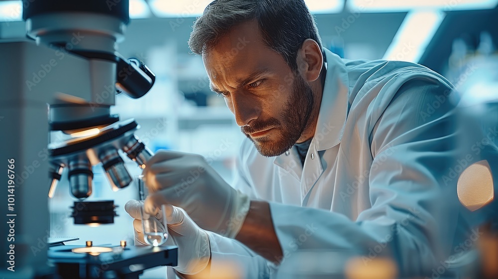 Poster The research male working with precision instruments or discussing design prototypes in an advanced lab.