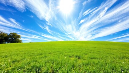 Fototapeta premium A lush, vibrant green lawn stretches towards radiant blue skies, filled with wispy white clouds, creating a serene