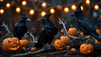 ravens or Crow wearing witch hats, perched on branches surrounded by Halloween decorations