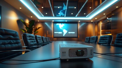 In a corporate conference room, the network connection on the projector.