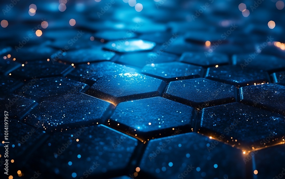 Poster A mesmerizing blue hexagonal pattern with sparkling elements, creating a futuristic and technological feel.