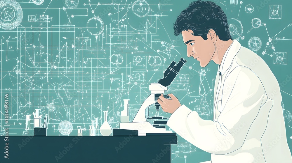 Aufkleber a scientist using a microscope in a lab setting with drawings on the wall