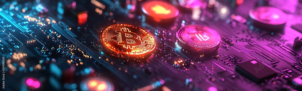 Poster a vibrant close-up of a circuit board featuring colorful lights and crypto coin representations, sho
