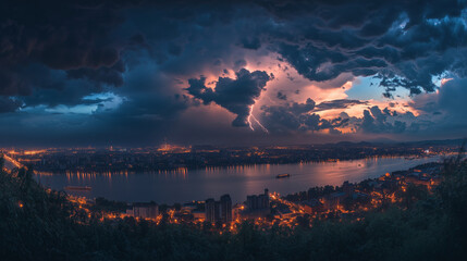 Dramatic Thunderstorm Over City Skyline at Nighttime