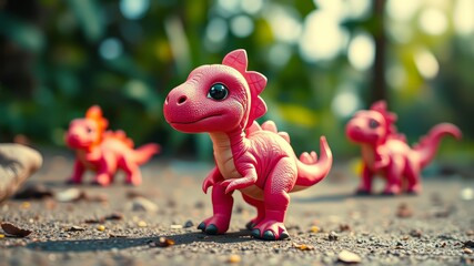 A small, pink dinosaur with a sweet face and large, round eyes waddles around on its short legs,