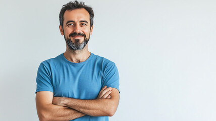 a man with a beard stands with his arms crossed blue november