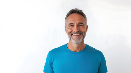 a mature man with a blue shirt smiles blue november